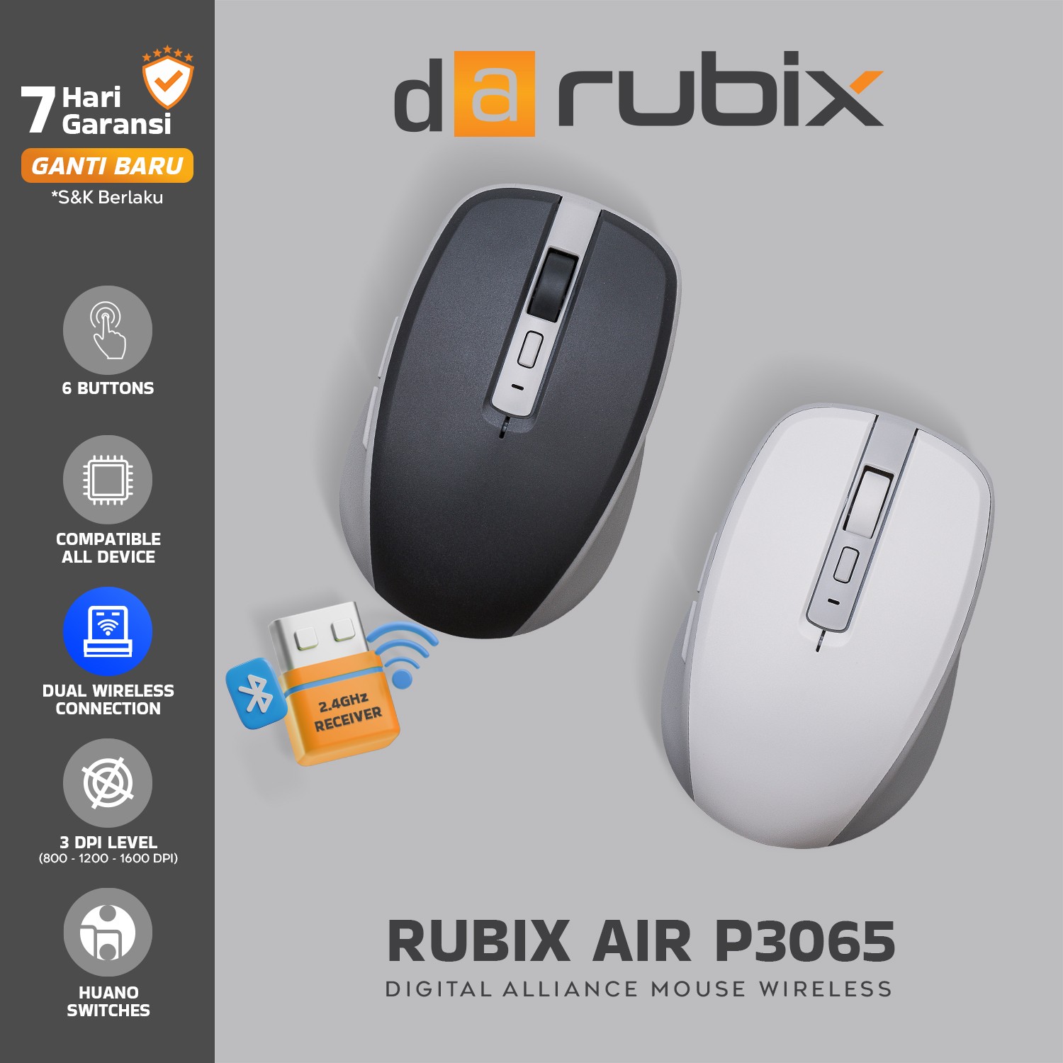 Mouse Office DA Rubix Wireless Dual Mode Bluetooth Ergonomic Air P3065